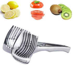 1pc Tomato Lemon Slicer Holder, Round Fruits Onion Shredder Cutter Guide Tongs With Handle, Stainless Steel Kitchen Cutting Potato Lime Food Stan (Items: Slicer)